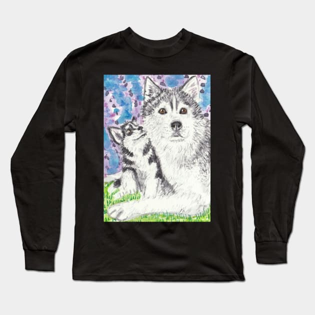 Husky dog art Long Sleeve T-Shirt by SamsArtworks